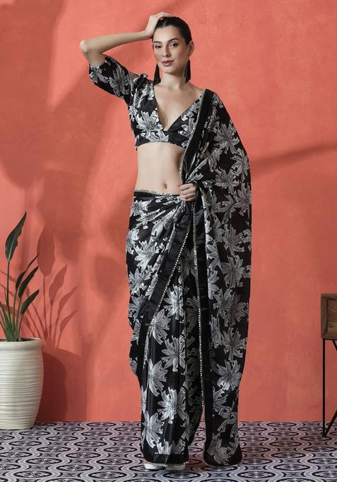 Black Floral Print Polyester Saree Set