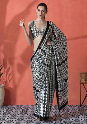 Black Printed Polyester Saree Set