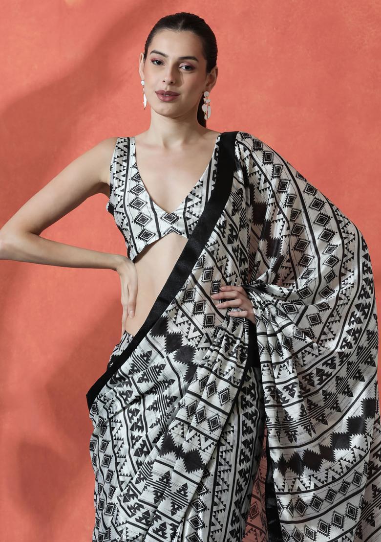 Black Printed Polyester Saree Set - Indya