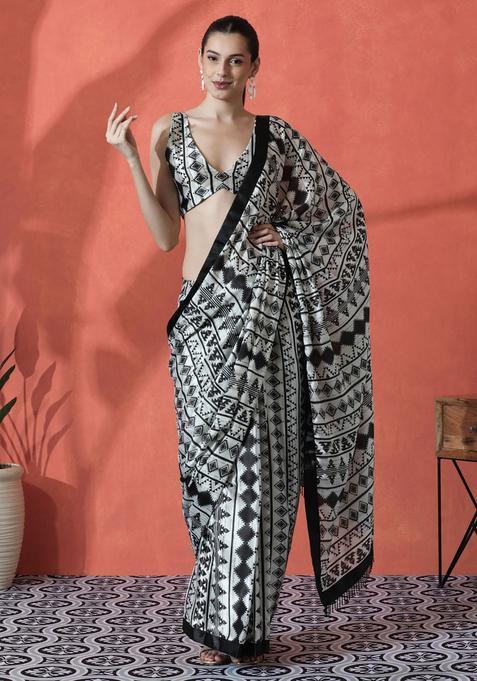 Black Printed Polyester Saree Set