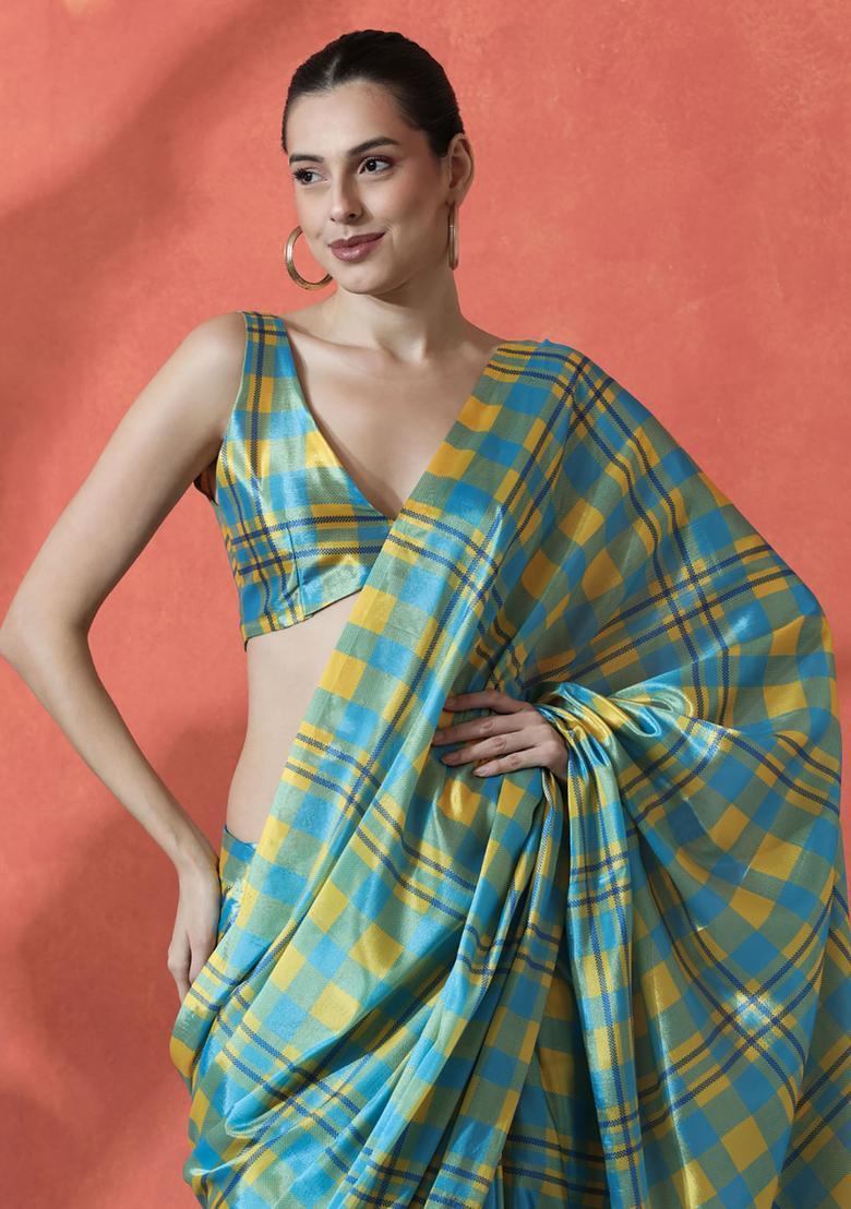 Blue Checked Polyester Saree Set - Indya