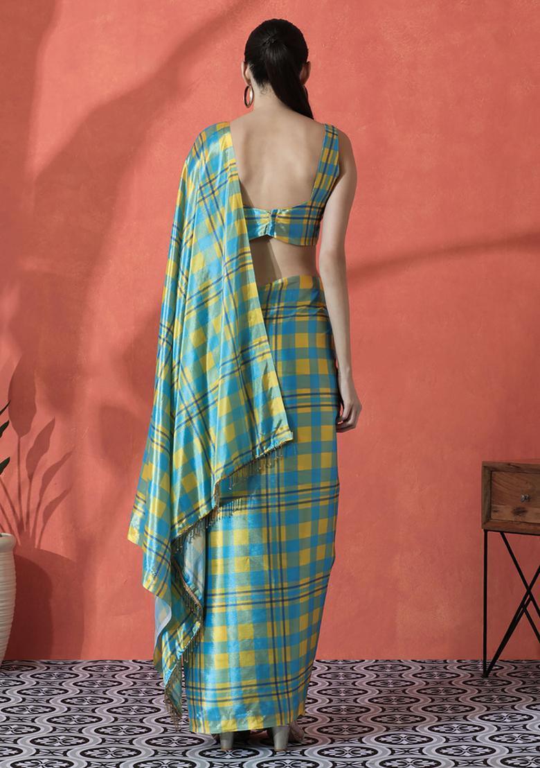 Blue Checked Polyester Saree Set - Indya