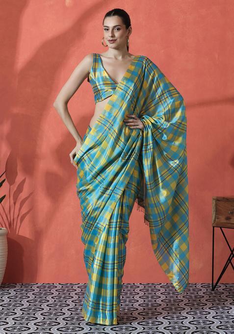 Blue Checked Polyester Saree Set