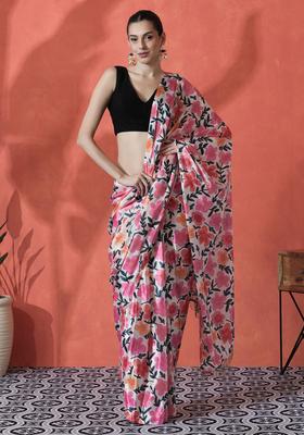 Multicolor Floral Print Polyester Saree Set