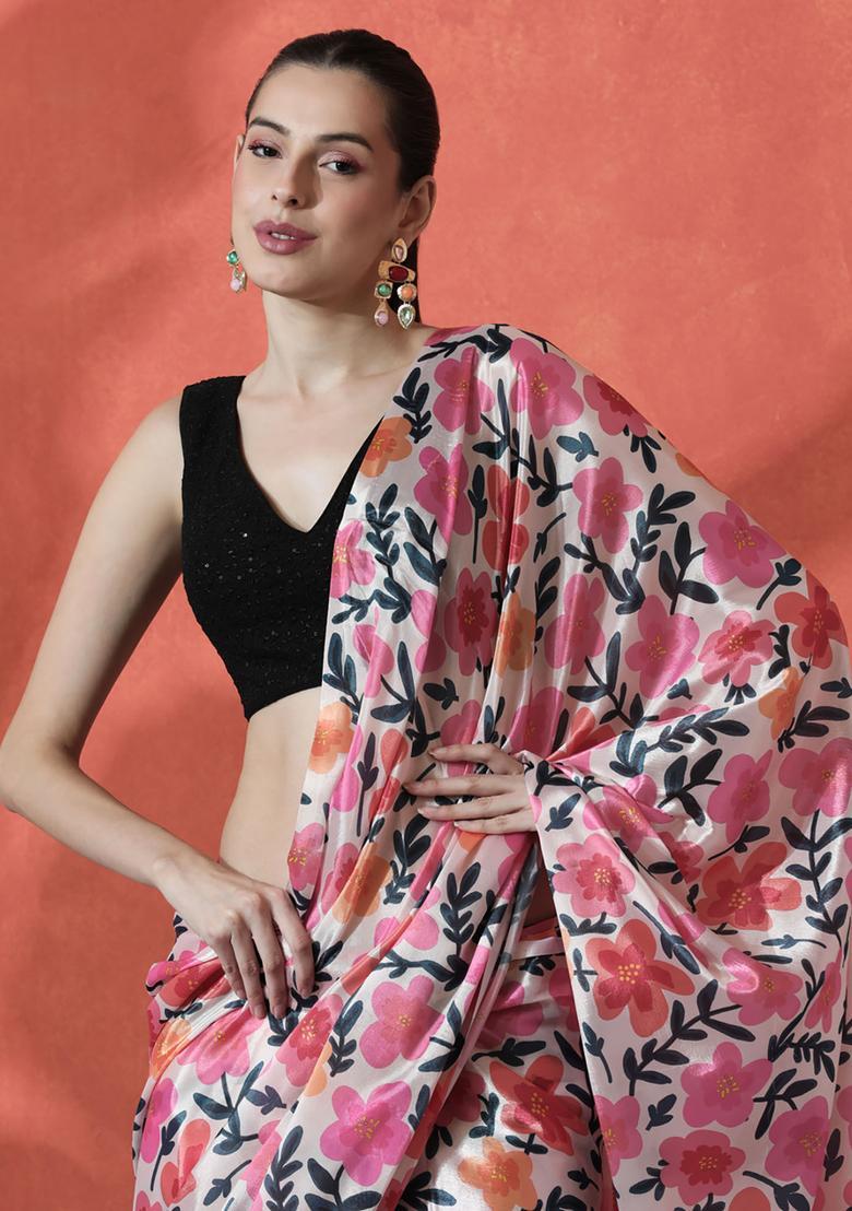 Multicolor Floral Print Polyester Saree Set - Indya