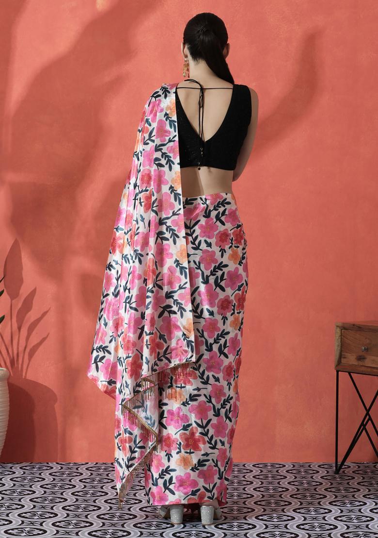 Multicolor Floral Print Polyester Saree Set - Indya
