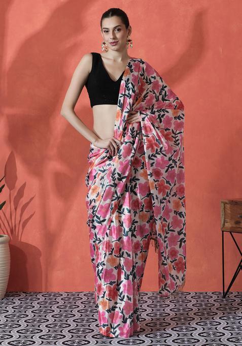 Multicolor Floral Print Polyester Saree Set