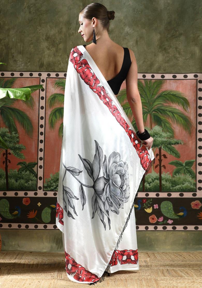 White Floral Print Chinon Saree Set - Indya