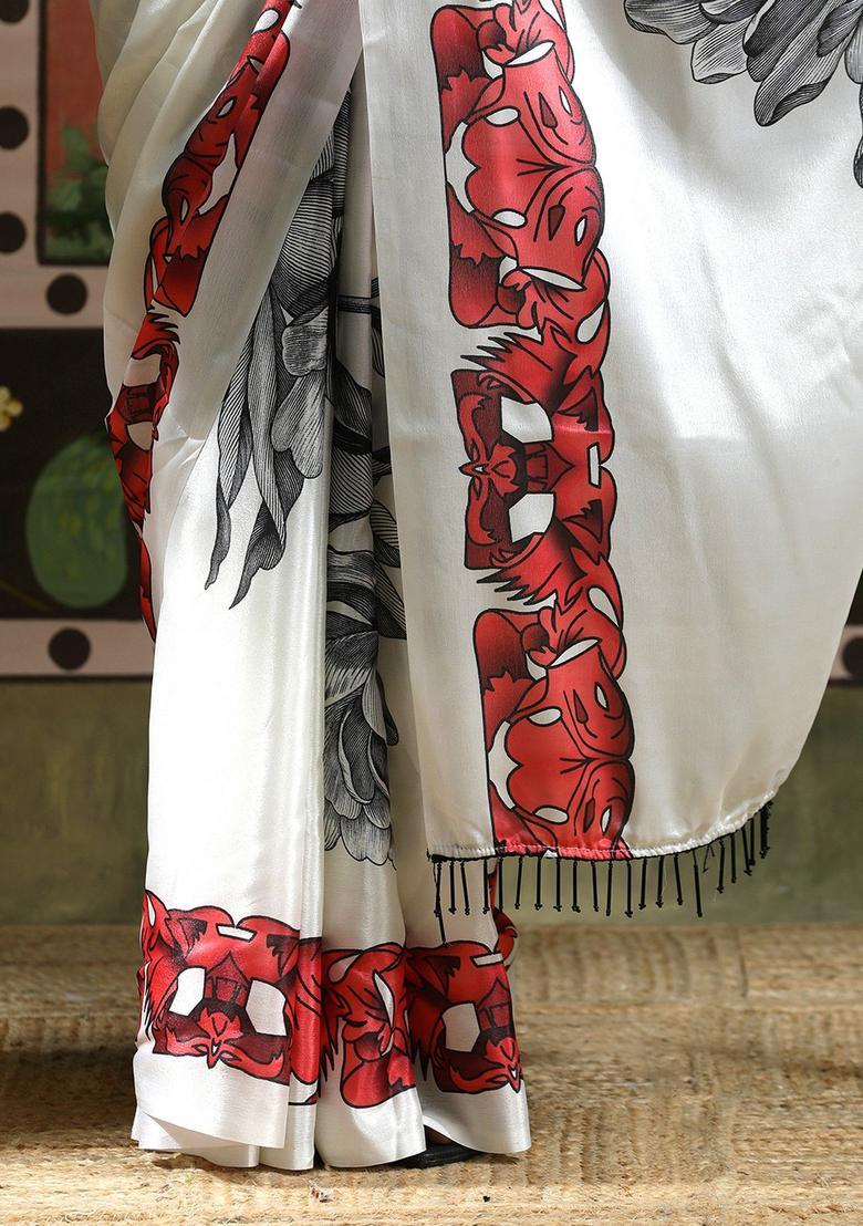 White Floral Print Chinon Saree Set - Indya