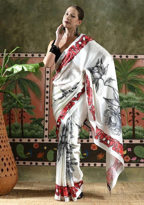 White Floral Print Chinon Saree Set