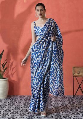 Blue Printed Polyester Saree Set
