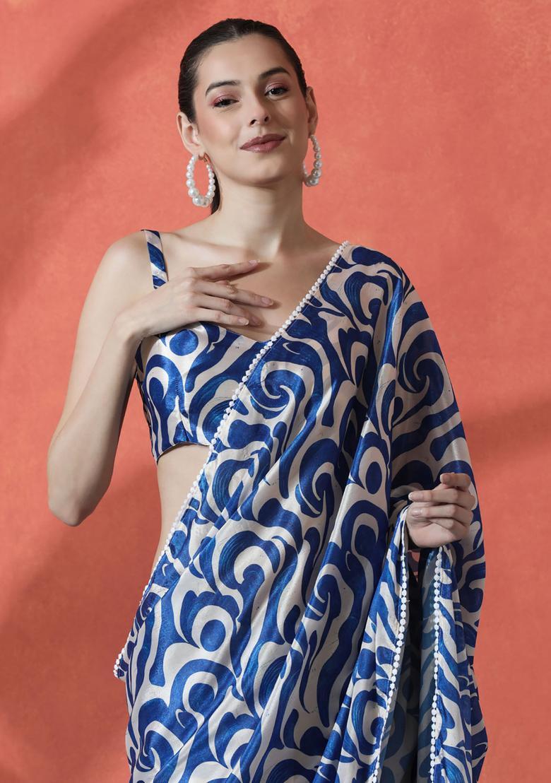 Blue Printed Polyester Saree Set - Indya