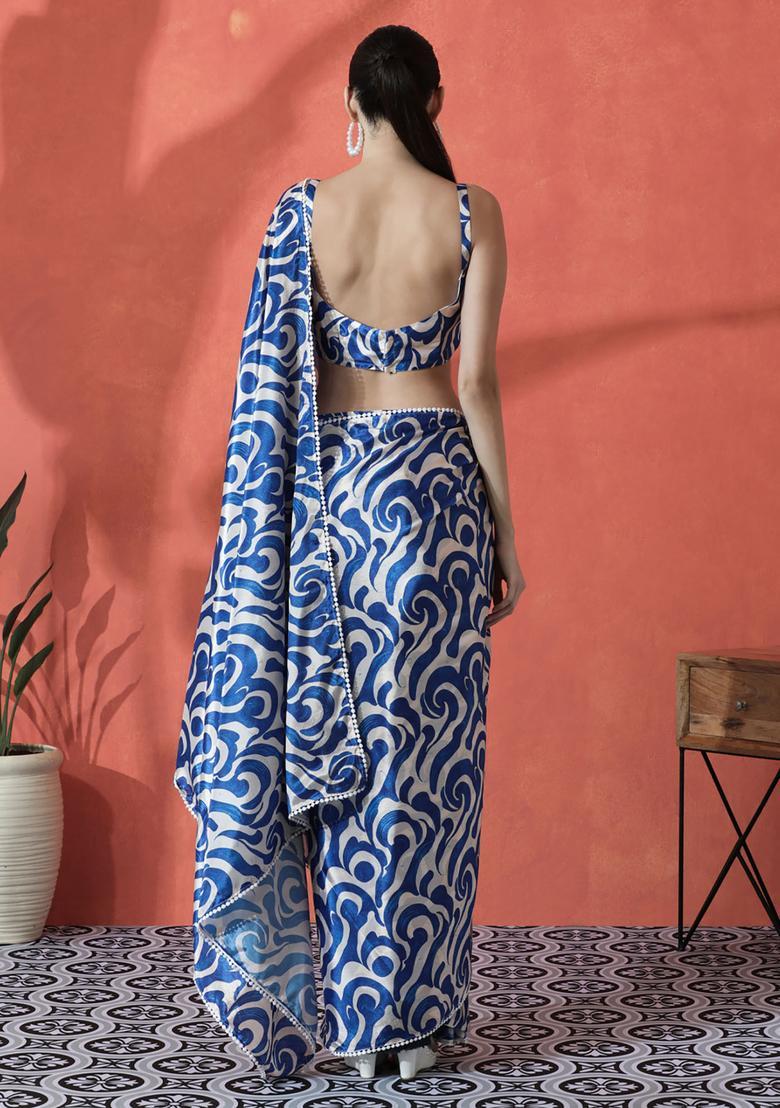 Blue Printed Polyester Saree Set - Indya