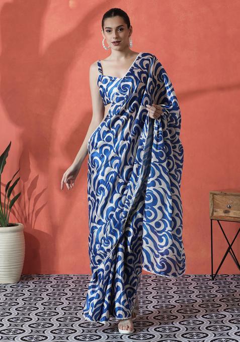 Blue Printed Polyester Saree Set