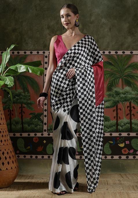 White Checked Chinon Saree Set