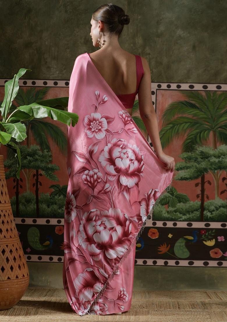Pink Floral Print Chinon Saree Set - Indya