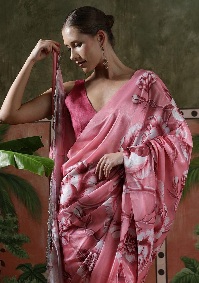 Pink Floral Print Chinon Saree Set - Indya