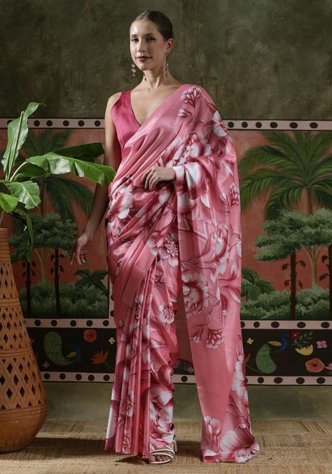 Pink Floral Print Chinon Saree Set