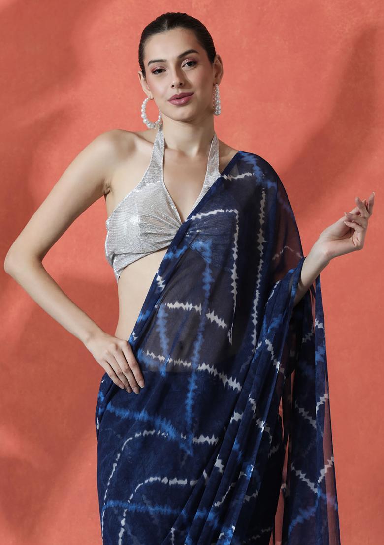 Navy Blue Printed Georgette Saree Set - Indya