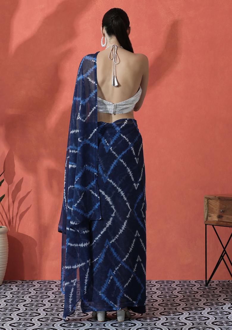 Navy Blue Printed Georgette Saree Set - Indya