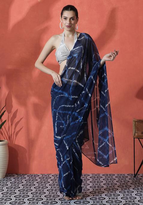 Navy Blue Printed Georgette Saree Set