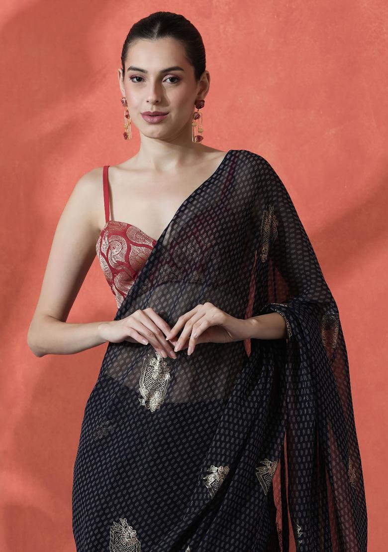 Navy Blue Floral Print Georgette Saree Set - Indya