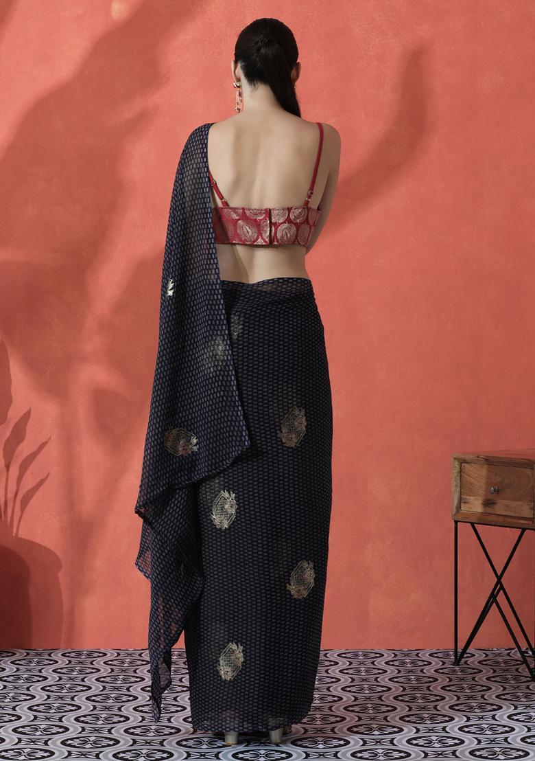 Navy Blue Floral Print Georgette Saree Set - Indya