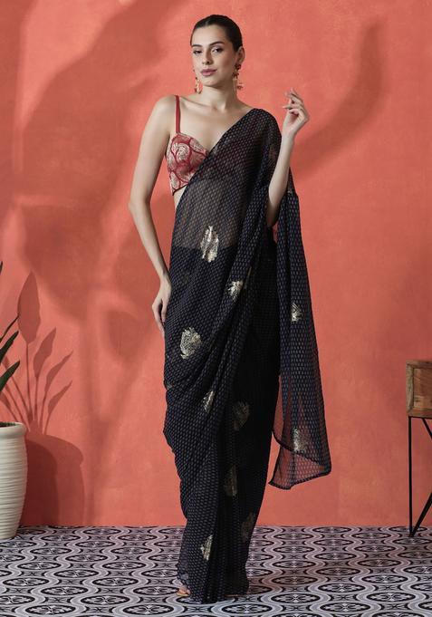 Navy Blue Floral Print Georgette Saree Set