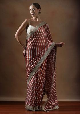 Rust Stripes Silk Blend Saree Set