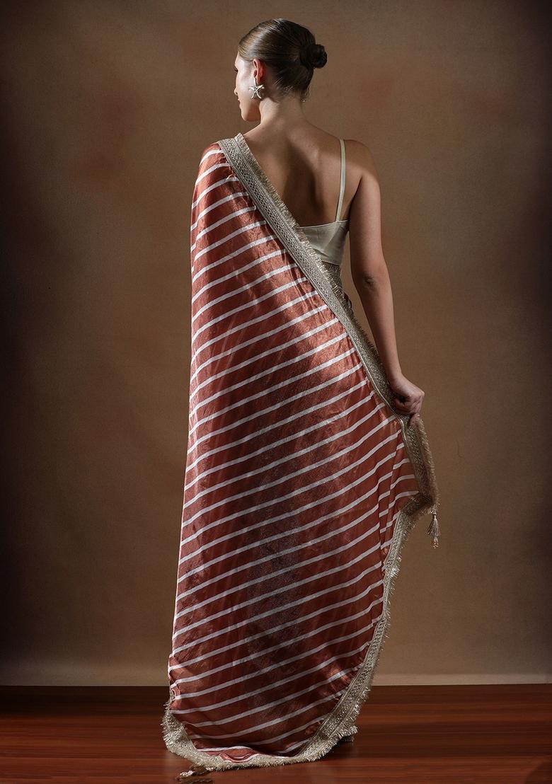 Rust Stripes Silk Blend Saree Set - Indya