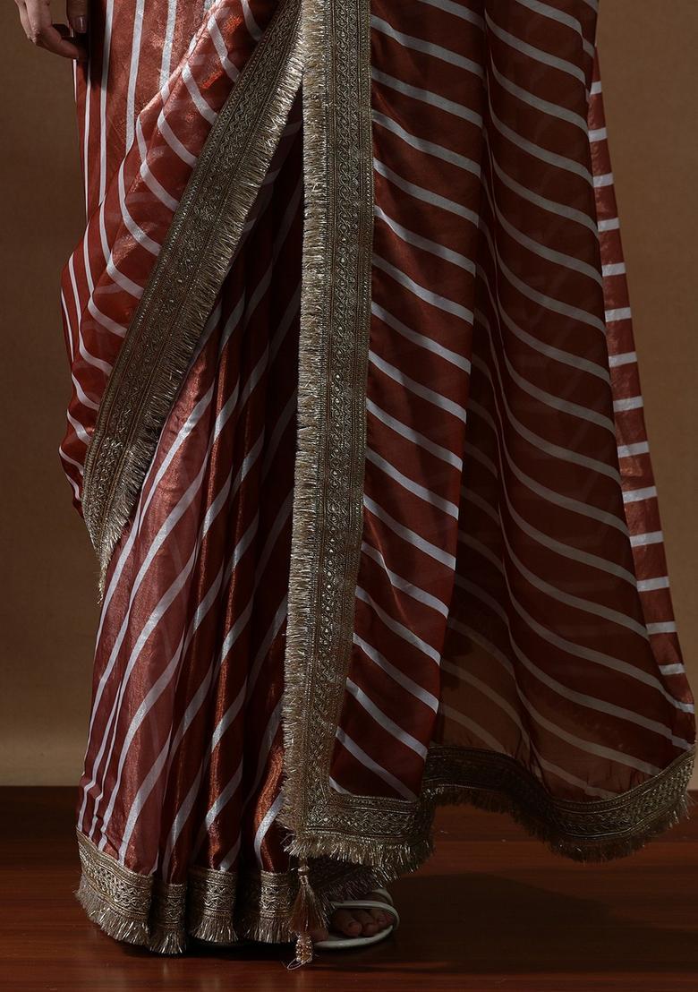 Rust Stripes Silk Blend Saree Set - Indya