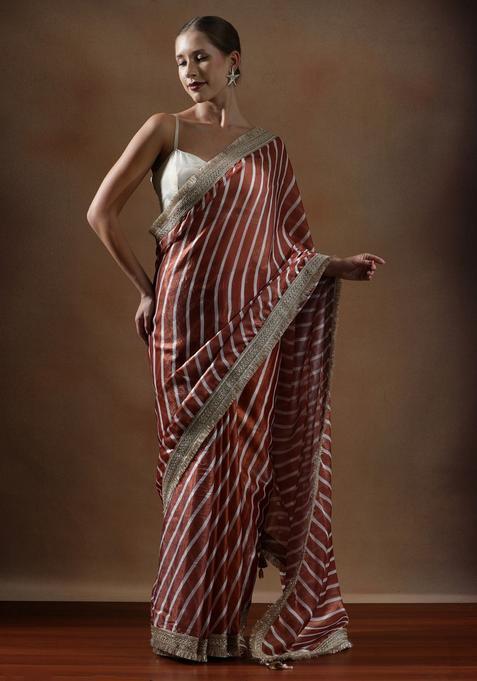 Rust Stripes Silk Saree Set