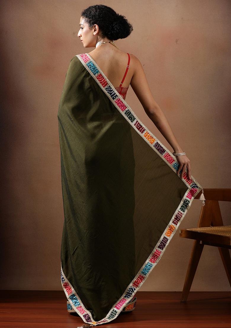 Olive Solid Silk Blend Saree Set - Indya