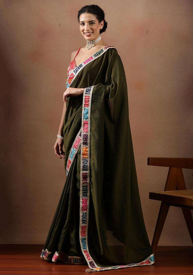 Olive Solid Silk Blend Saree Set for Diwali and Festive Wear - Indya