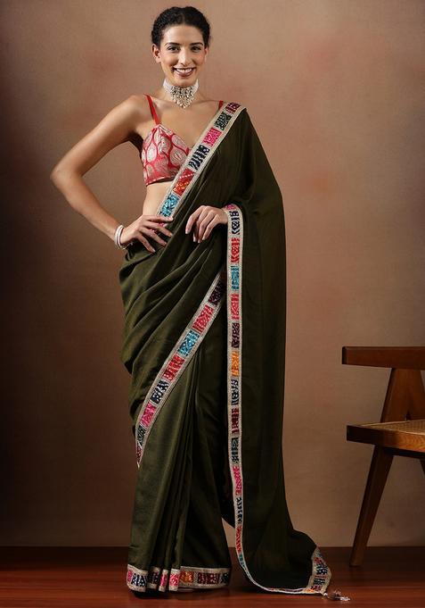 Olive Solid Silk Blend Saree Set