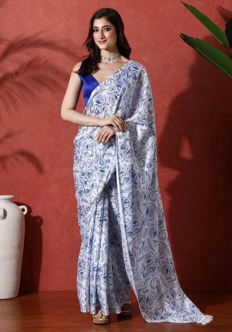 Blue Floral Print Chinon Saree Set