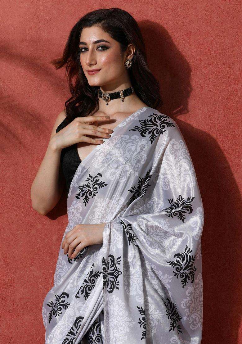 Silver Printed Chinon Saree Set for Diwali and Festive Wear - Indya