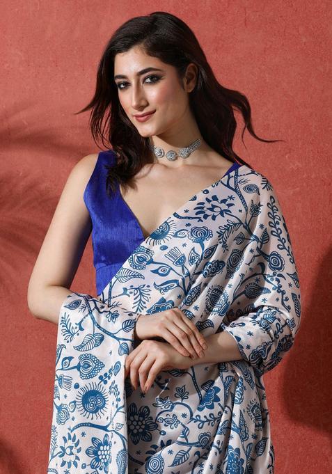 Blue Floral Print Chinon Saree Set