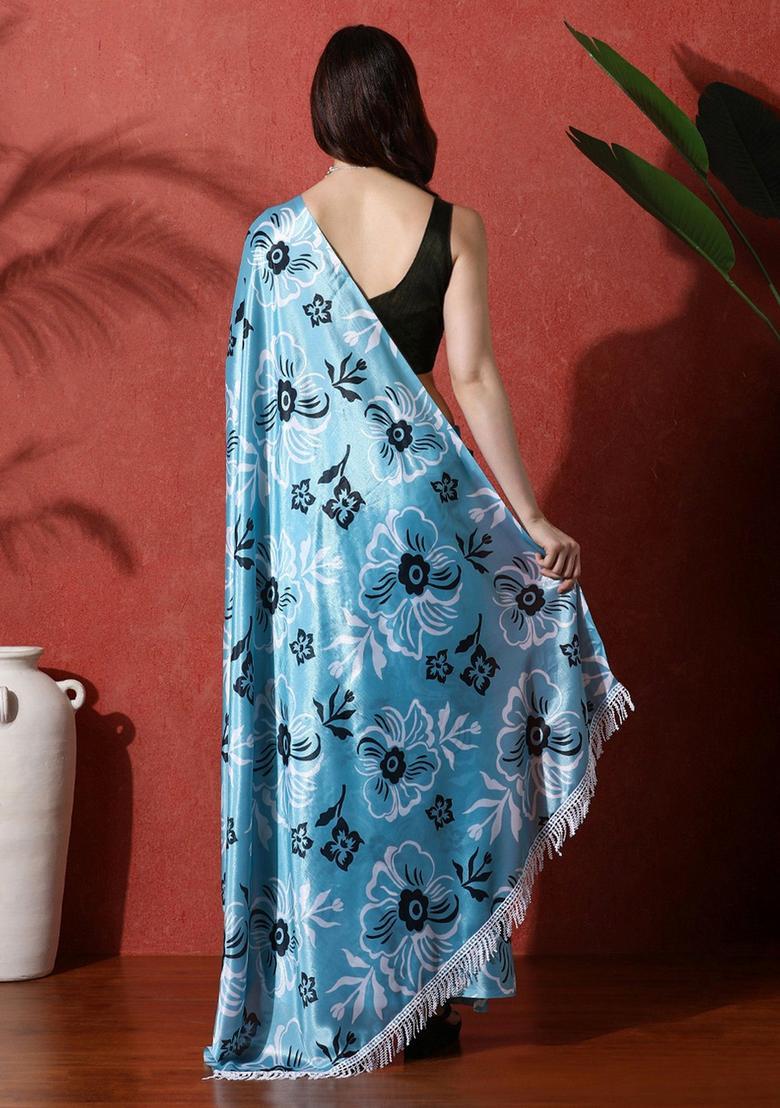 Turquoise Floral Print Chinon Saree Set - Indya