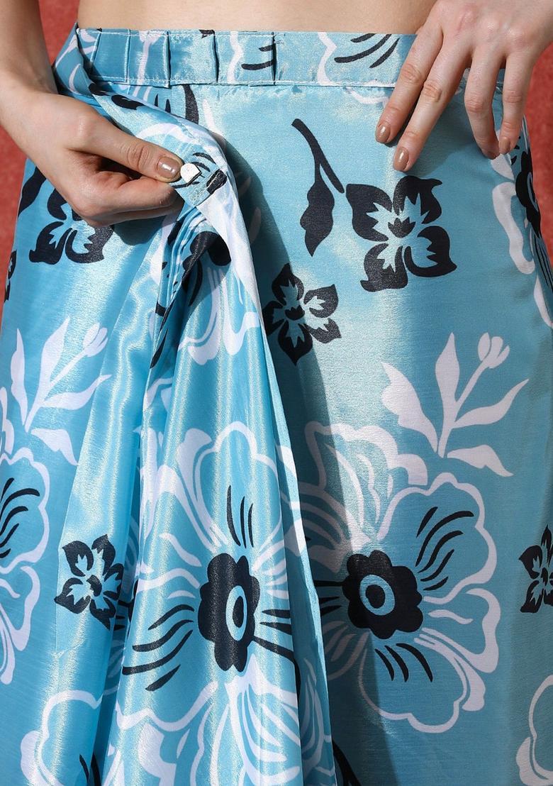Turquoise Floral Print Chinon Saree Set - Indya