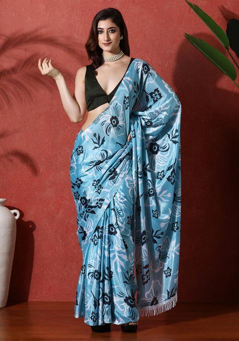 Turquoise Floral Print Chinon Saree Set