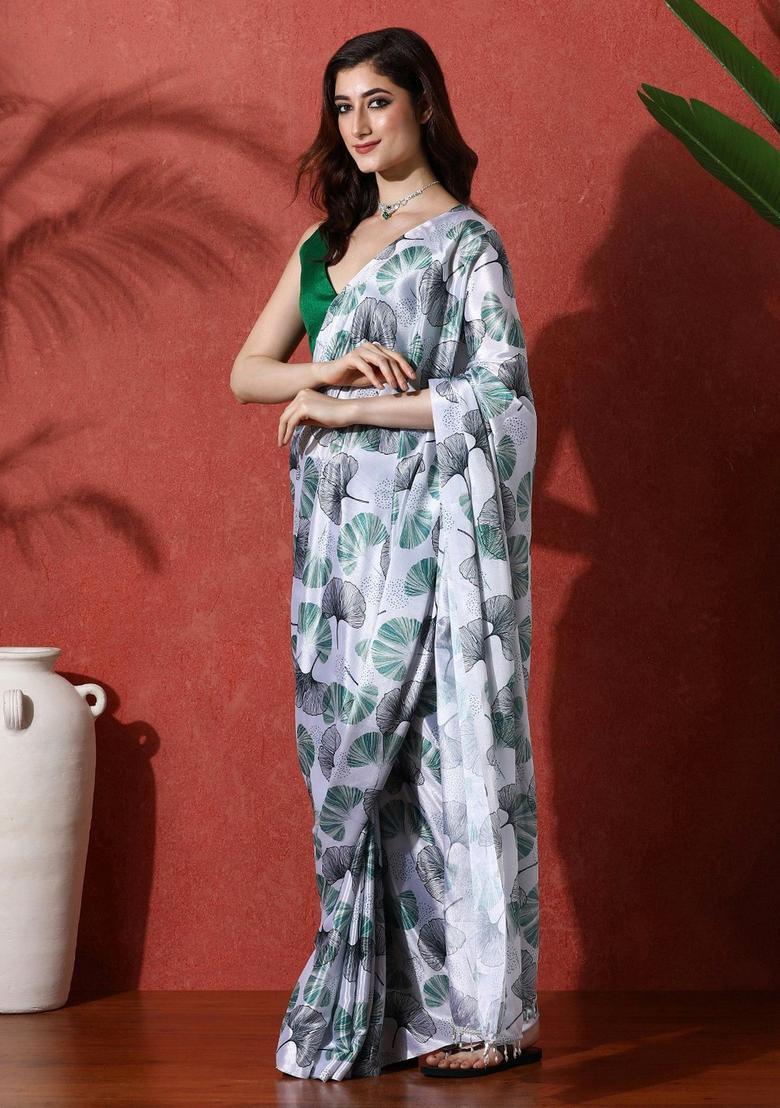 Multicolor Floral Print Chinon Saree Set - Indya