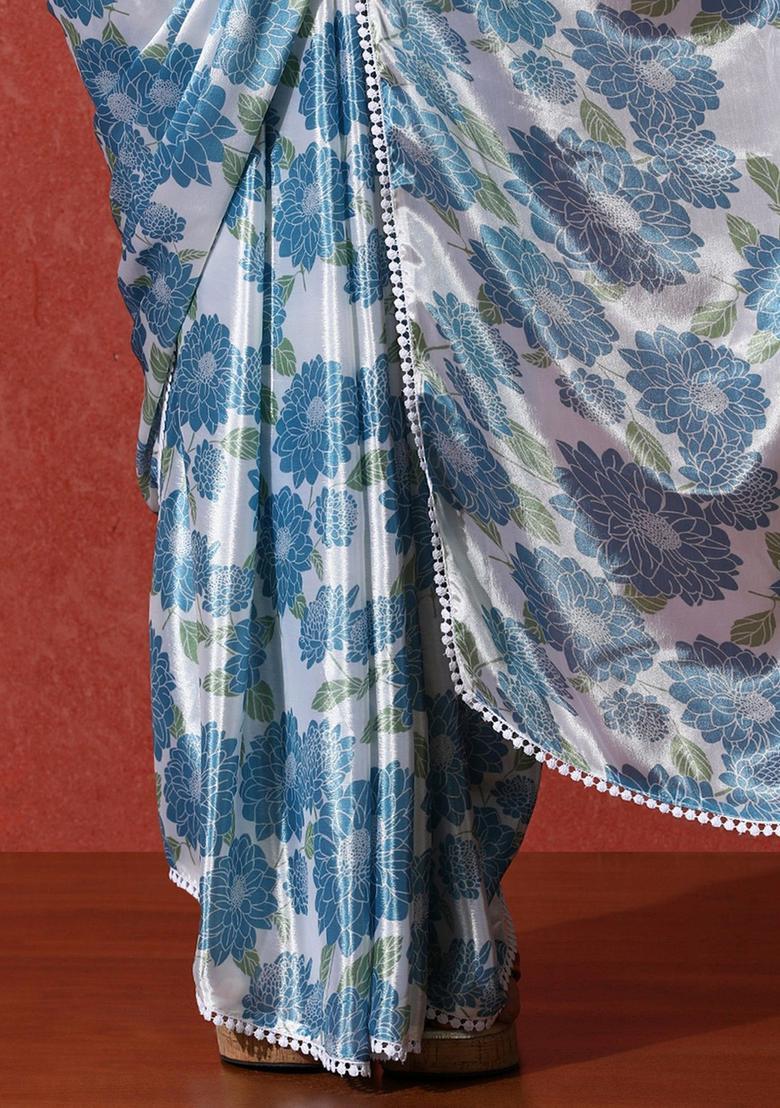 Blue Floral Print Chinon Saree Set - Indya