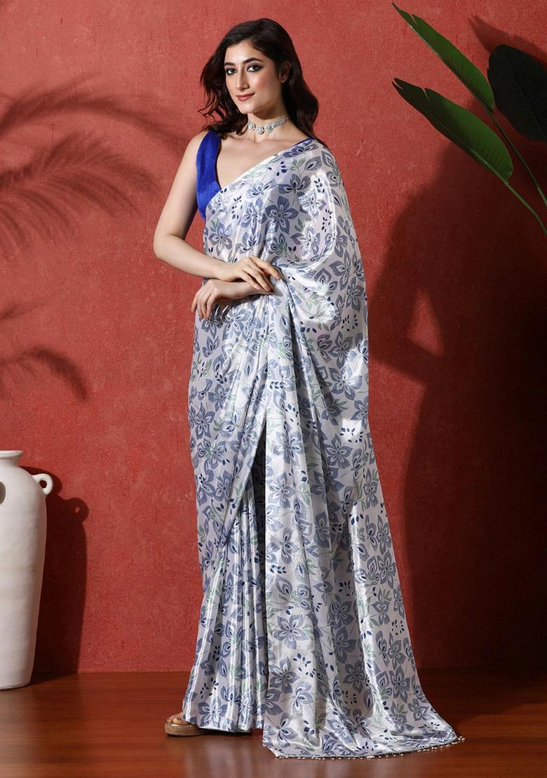 Blue Floral Print Chinon Saree Set - Indya