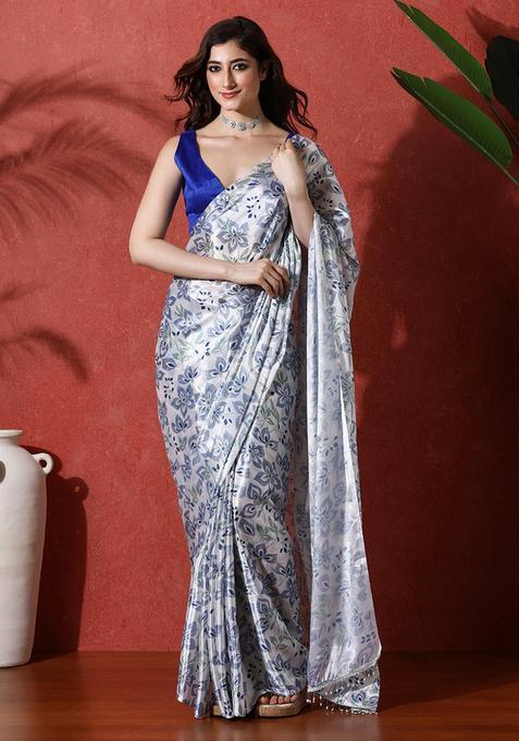Blue Floral Print Chinon Saree Set