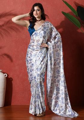 White Floral Print Chinon Saree Set