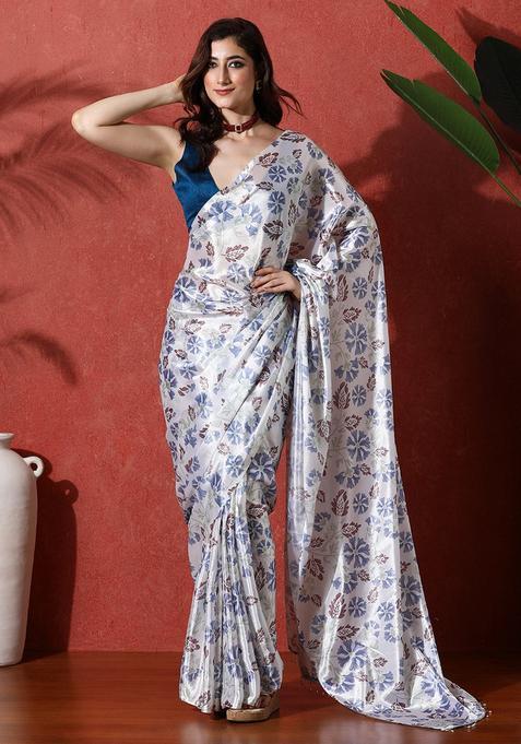White Floral Print Chinon Saree Set