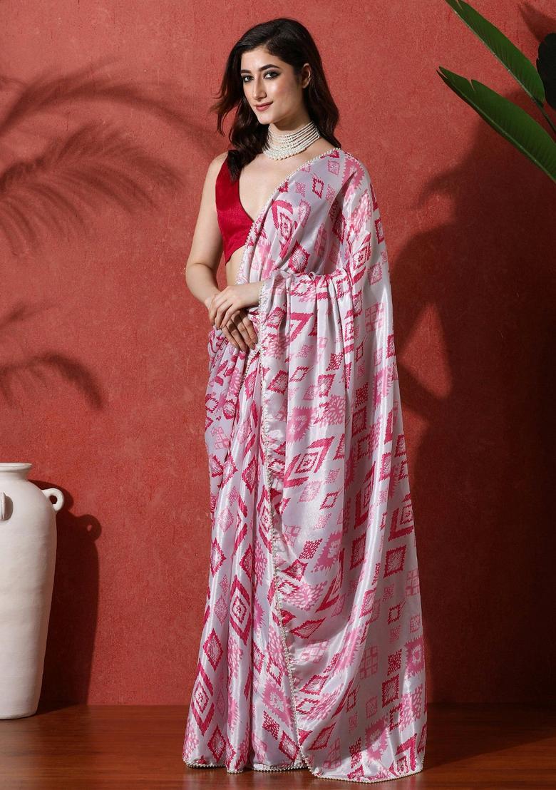 Pink Printed Chinon Saree Set - Indya