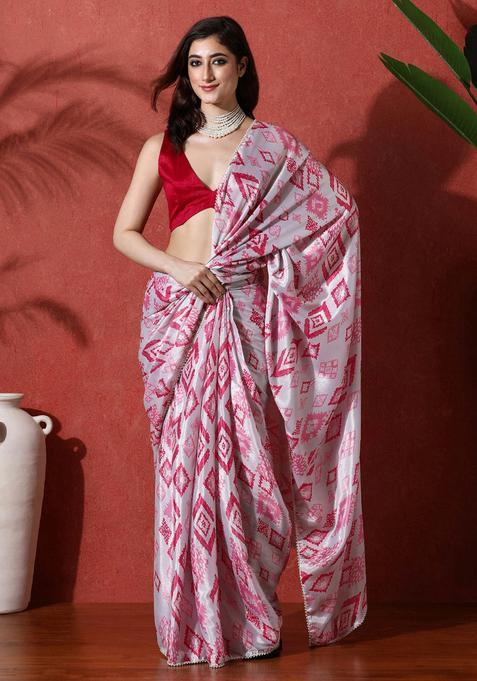 Pink Printed Chinon Saree Set
