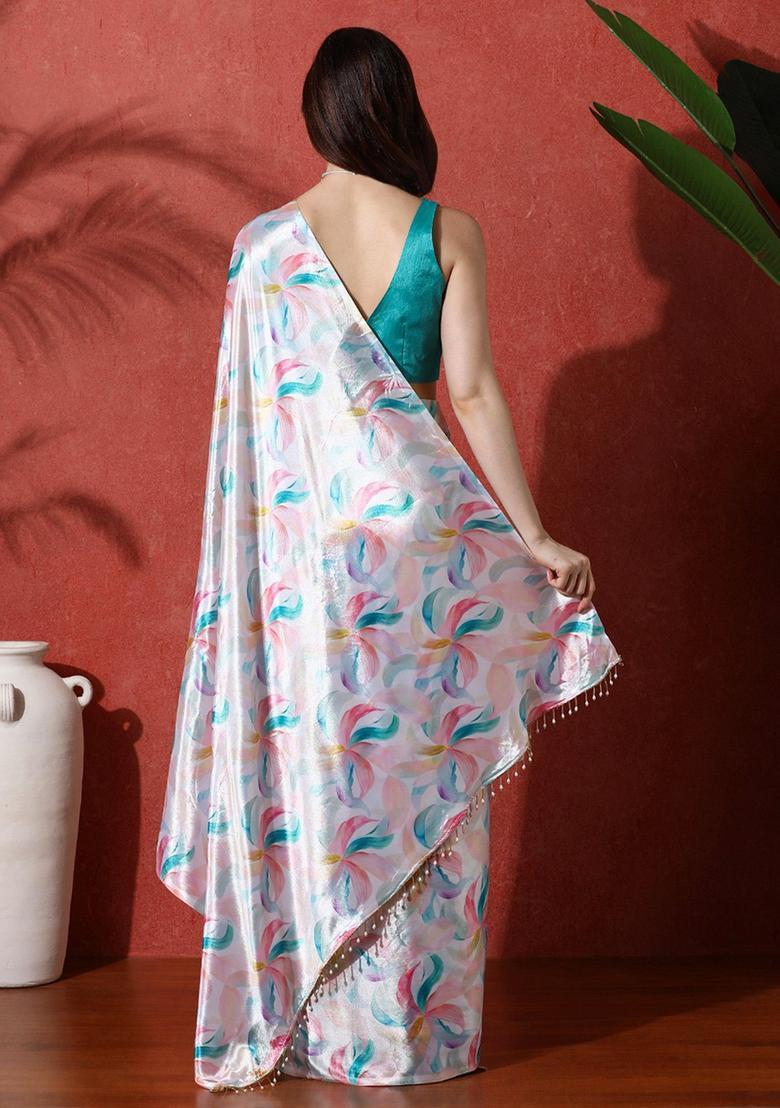 Multicolor Printed Chinon Saree Set - Indya